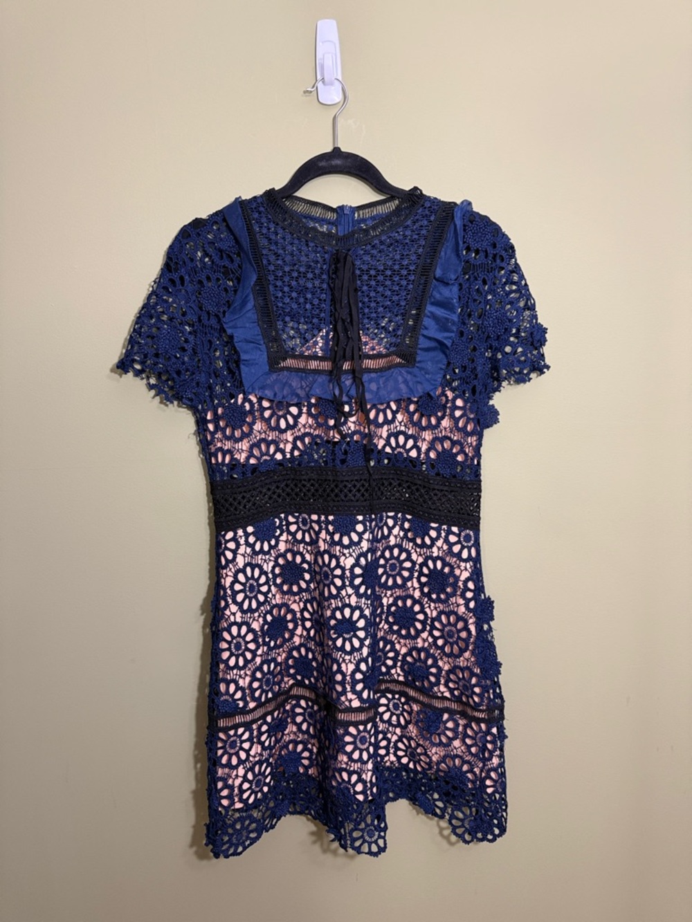 Navy Crochet Lace Mini Dress with Blush Lining